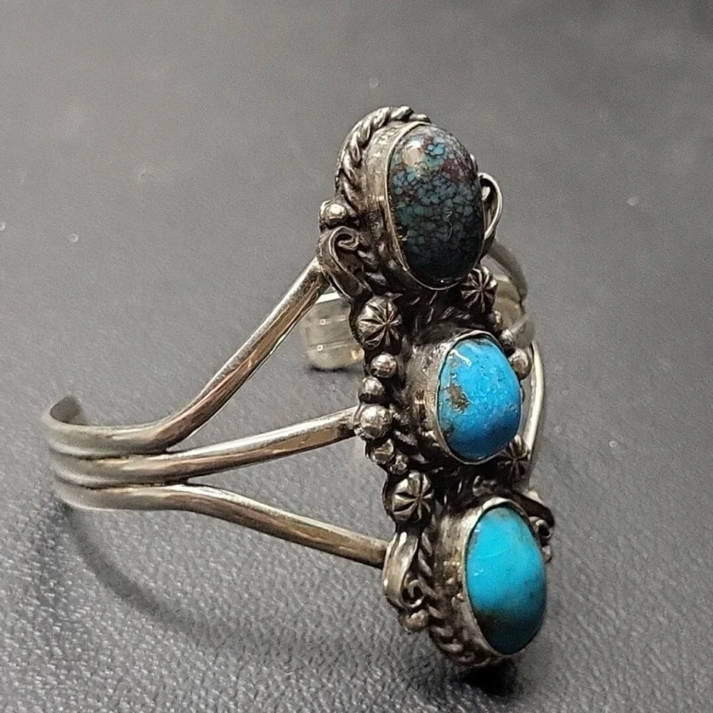 Native American Large Sterling Silver Triple Turquoise Stone Cuff Bracelet ... - Picture 2 of 14